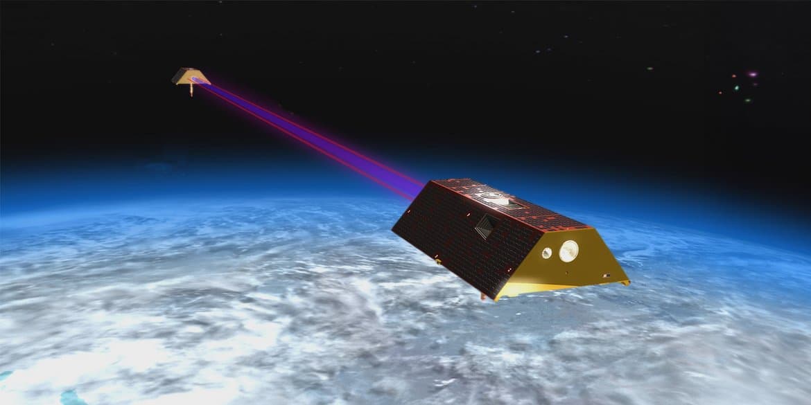 GRACE-C satellites measuring distance using laser ranging interferometry